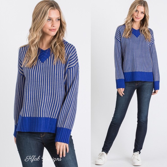 LAST! V Neck Royal Blue Contrast Vertical Stripe Sweater! - Picture 5 of 8